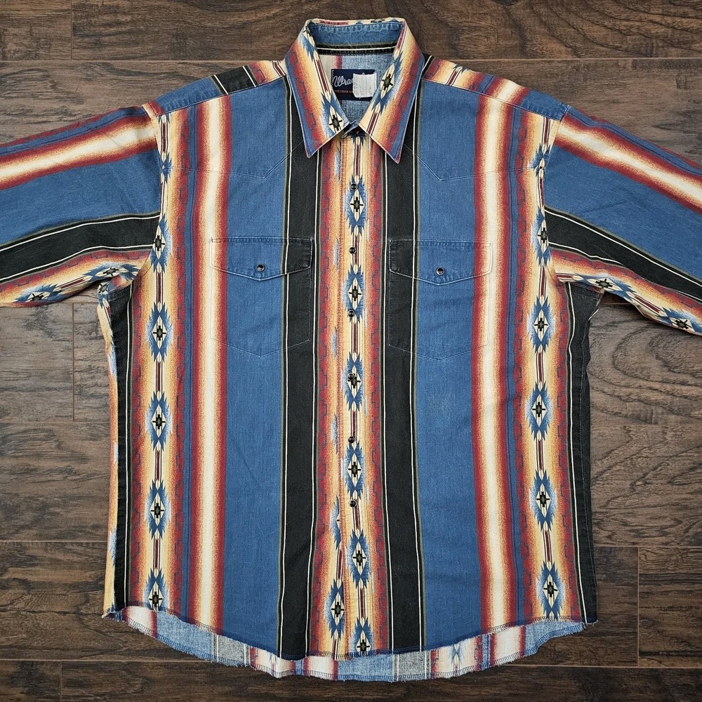 Vintage Wrangler Mens XL Pearl Snap Western Aztec Brushpopper‎ Cowboy Shirt